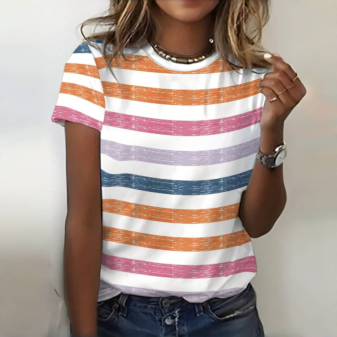 Letter Printed Ombre Round Neck Short Sleeve T-Shirt For Spring/Summer