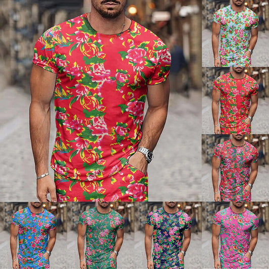 Summer Floral Men's T-Shirt Northeast Big Flower Ethnic Style Tees Tops Short Sleeve