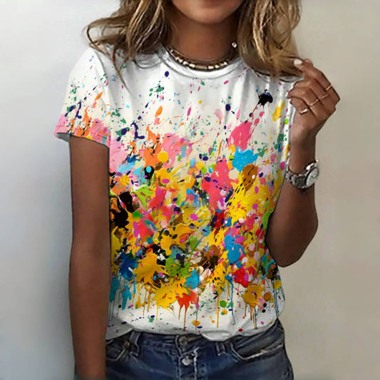 Ink Splash Print Casual Simple Round Neck Short Sleeve Slim Fit Women T-Shirt