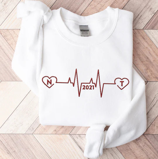 Custom Embroidered Heartbeat Sweatshirt With Initials And Year