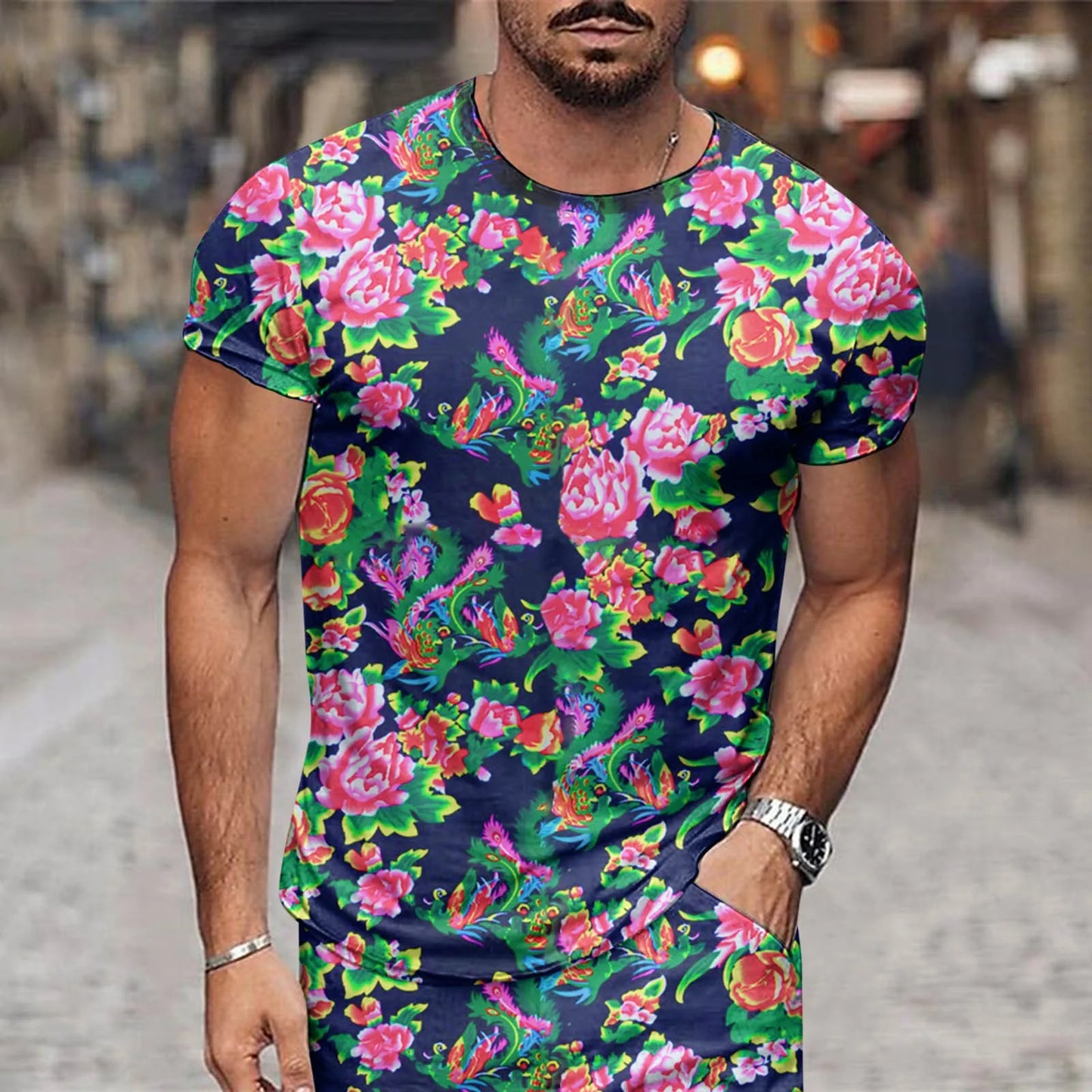 Summer Floral Men's T-Shirt Northeast Big Flower Ethnic Style Tees Tops Short Sleeve