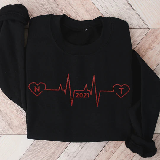 Custom Embroidered Heartbeat Sweatshirt With Initials And Year