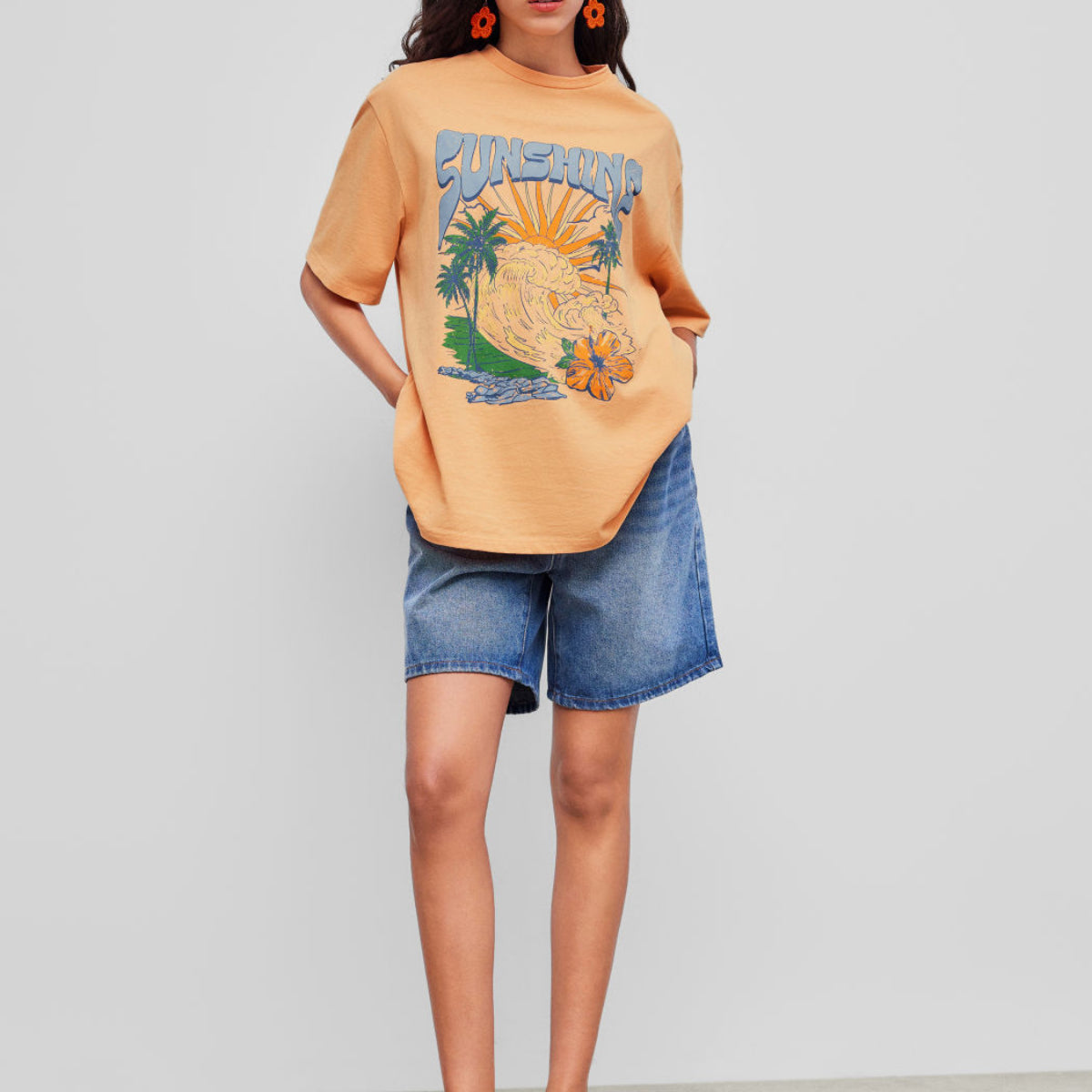 100% Cotton Sunshine Round Neckline Graphic Short Sleeve Oversized Tee