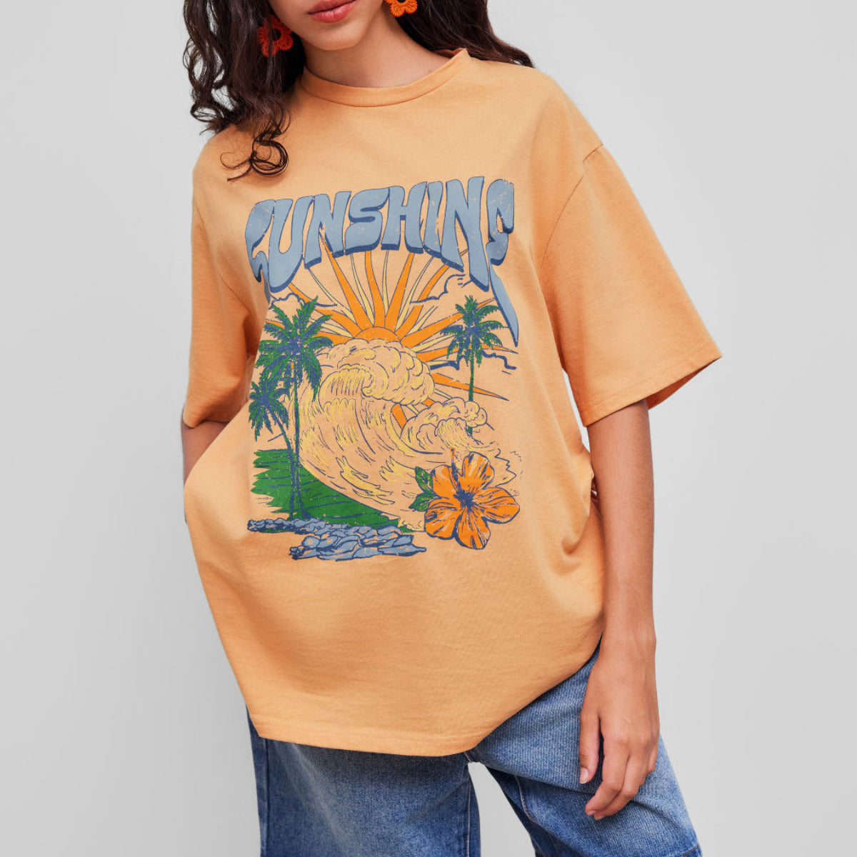 100% Cotton Sunshine Round Neckline Graphic Short Sleeve Oversized Tee