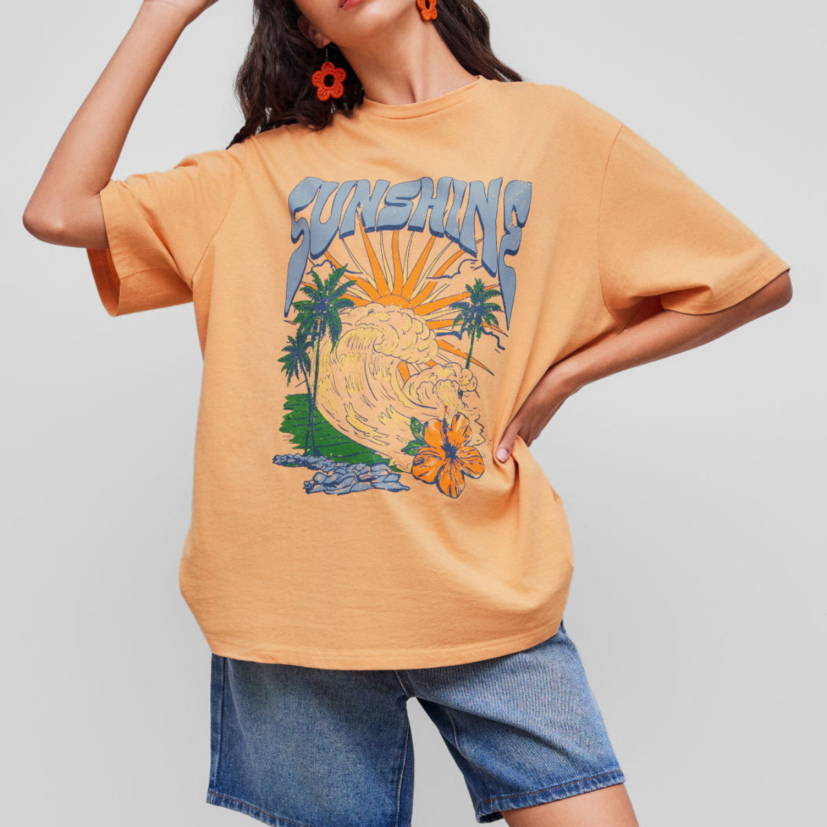 100% Cotton Sunshine Round Neckline Graphic Short Sleeve Oversized Tee