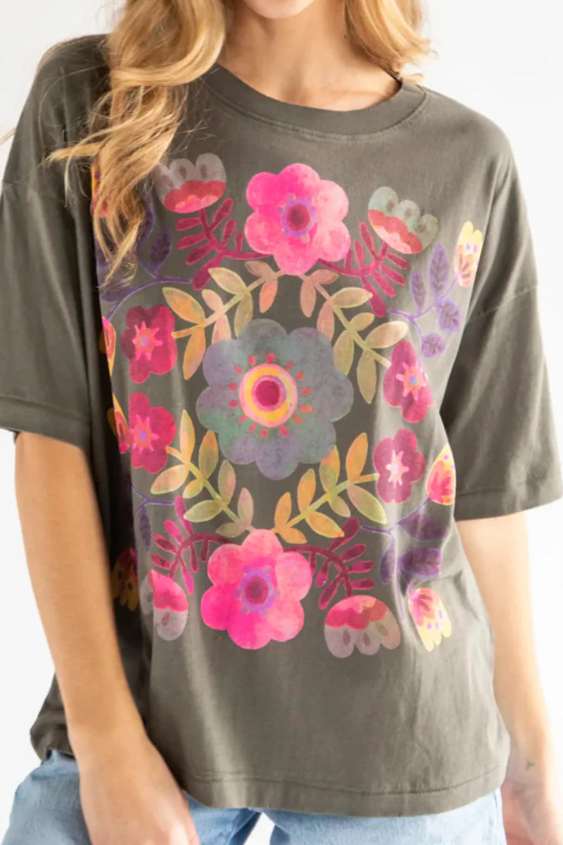 Remi Distressed Cotton Tee - Folk Flower