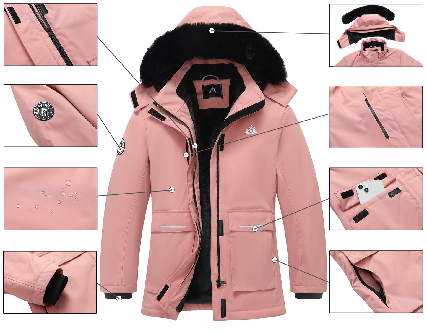 Women's Waterproof Ski Jacket, Warm Winter Snow Coat, Mountain Windbreaker Hooded Raincoat Jacket