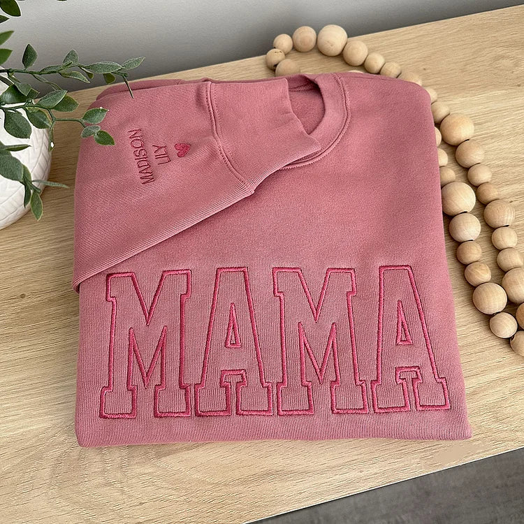 Personalized Embroidered Mama Sweatshirt With Kids Names On Sleeve