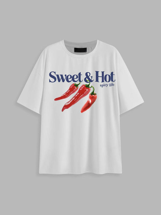 Sweet & Hot Round Neckline Pepper Graphic Short Sleeve Oversized Tee