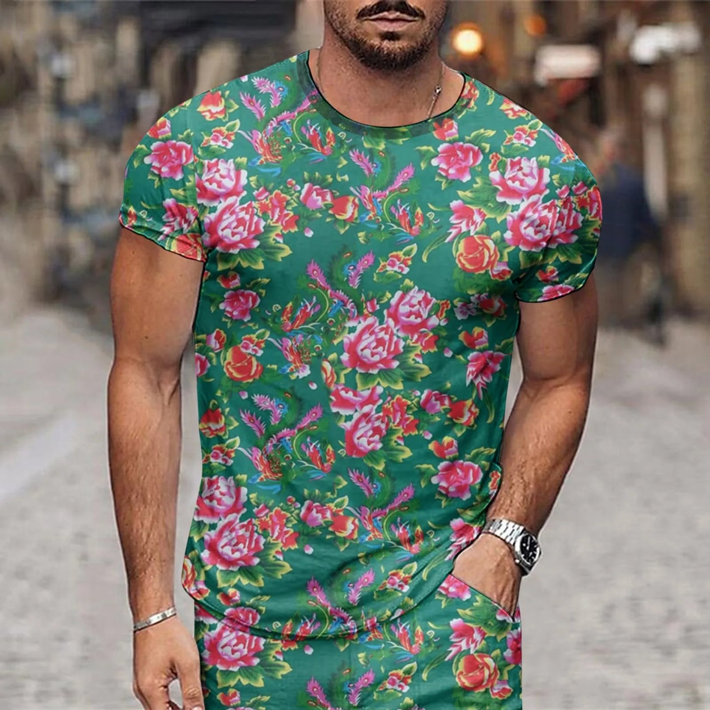 Summer Floral Men's T-Shirt Northeast Big Flower Ethnic Style Tees Tops Short Sleeve