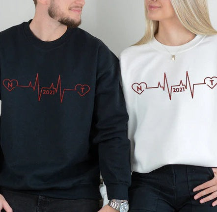 Custom Embroidered Heartbeat Sweatshirt With Initials And Year