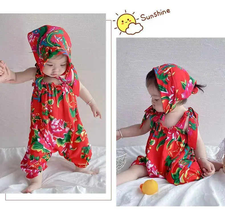 Baby Girl Infant Bodysuit with Scarf Dongbei  Flower Girl Romper Summer Toddler Jumpsuit