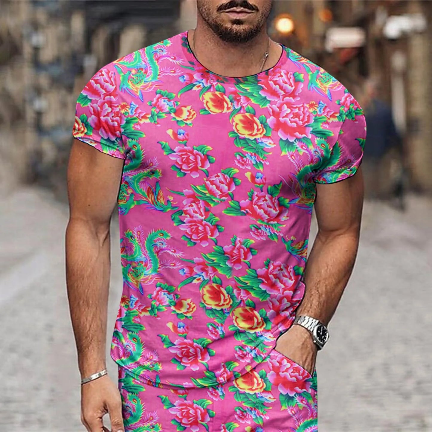 Summer Floral Men's T-Shirt Northeast Big Flower Ethnic Style Tees Tops Short Sleeve