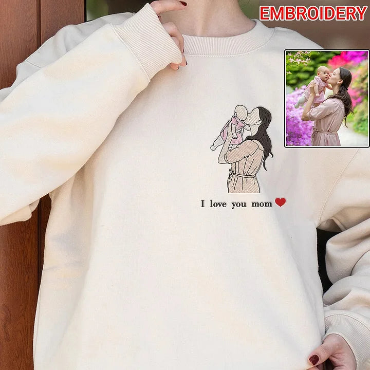 Custom Embroidered Portrait Sweatshirt of Mom and Daughter From Photo