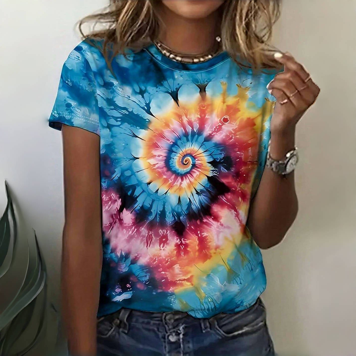 Women Tie-Dye Printed Round Neck Short Sleeve Casual T-Shirt For Summer