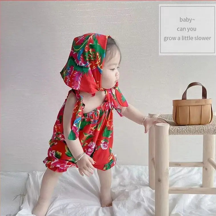 Baby Girl Infant Bodysuit with Scarf Dongbei  Flower Girl Romper Summer Toddler Jumpsuit