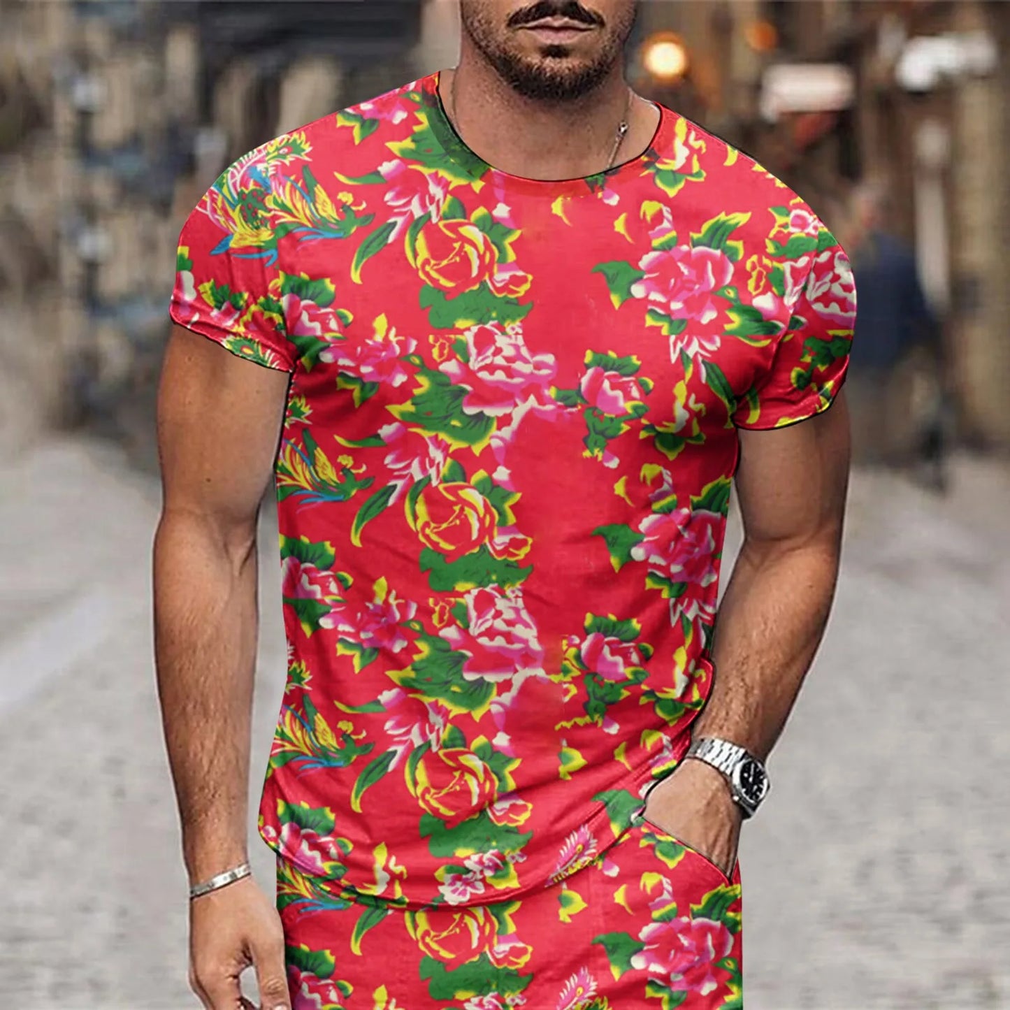 Summer Floral Men's T-Shirt Northeast Big Flower Ethnic Style Tees Tops Short Sleeve