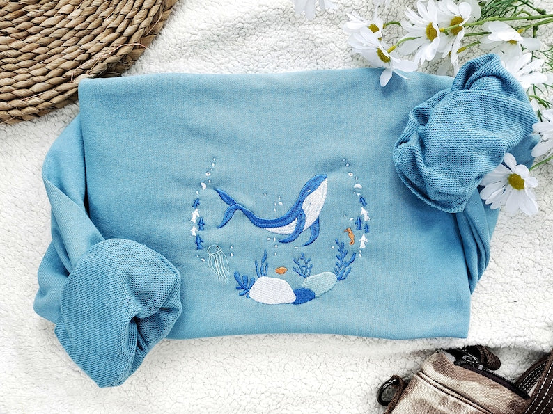 Blue Ocean Whale Embroidered Sweatshirt