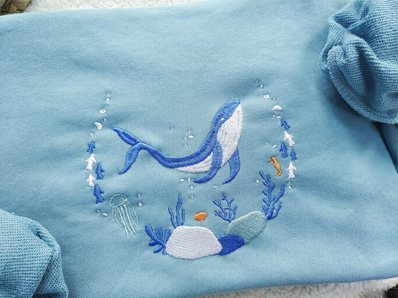 Blue Ocean Whale Embroidered Sweatshirt