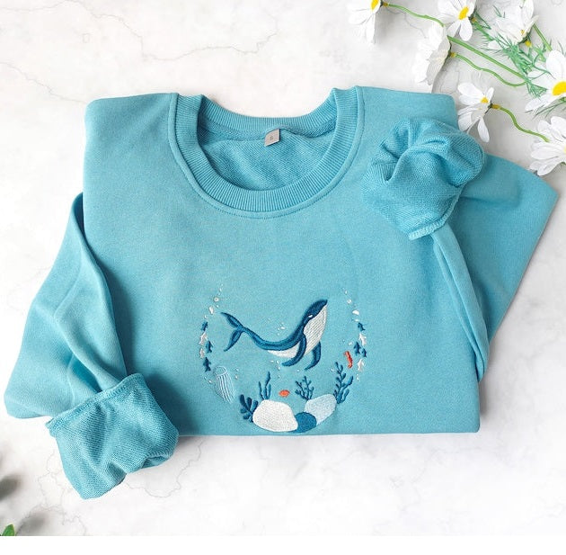 Blue Ocean Whale Embroidered Sweatshirt