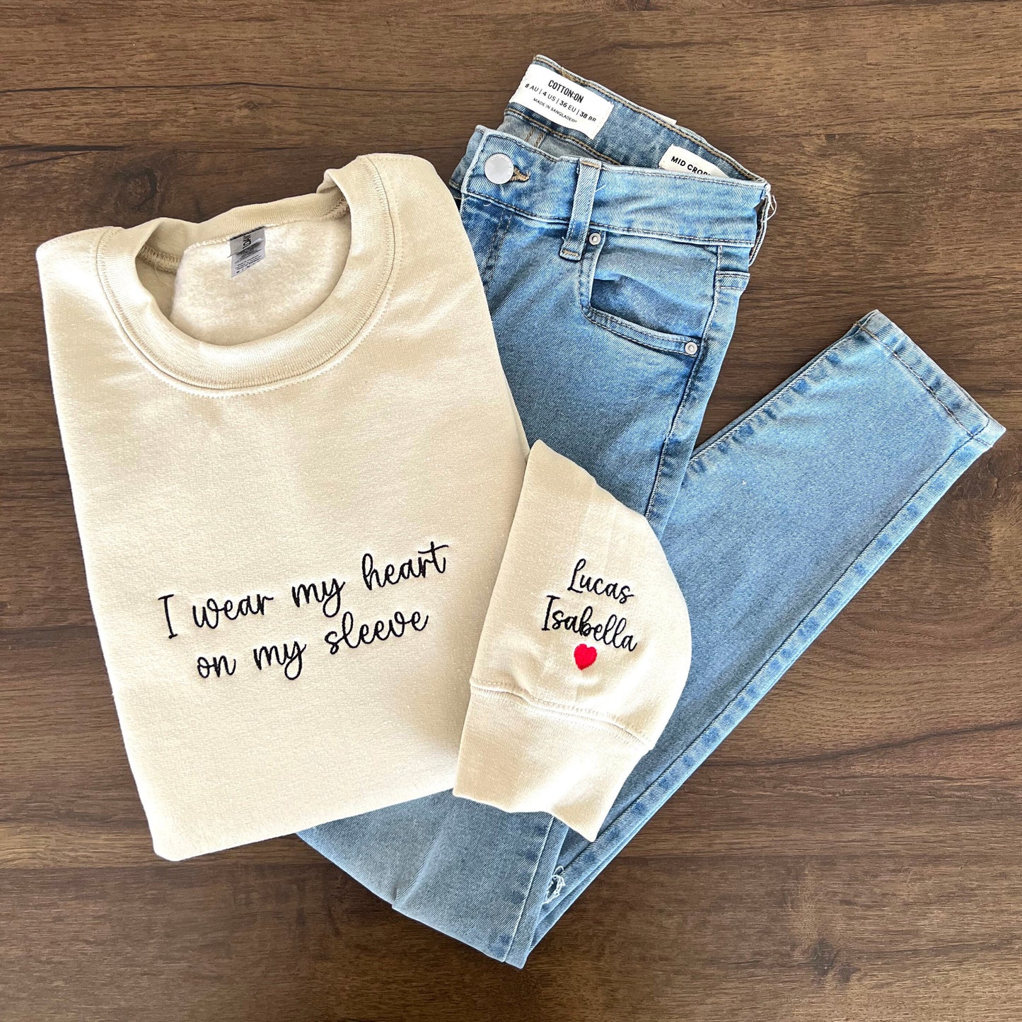 I Wear My Heart On My Sleeve - Embroidered Custom Mama Shirt With Kids Names