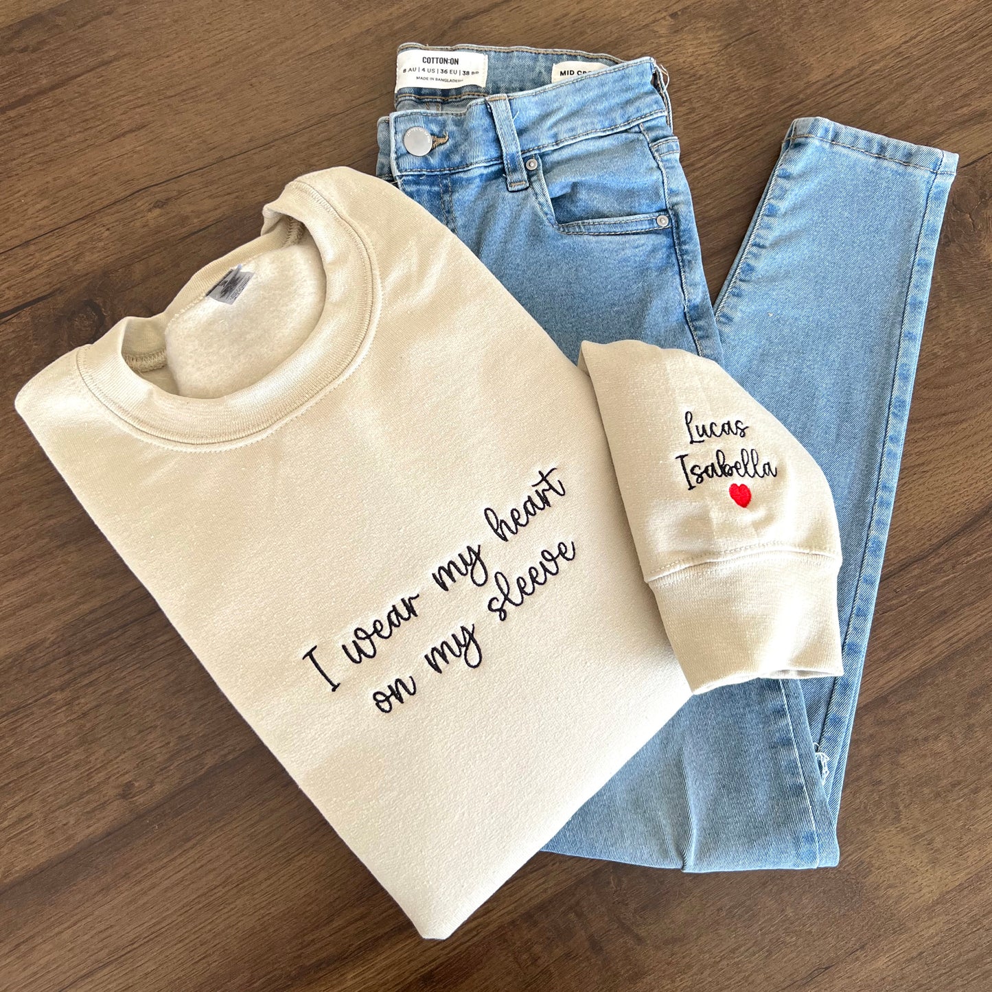 I Wear My Heart On My Sleeve - Embroidered Custom Mama Shirt With Kids Names