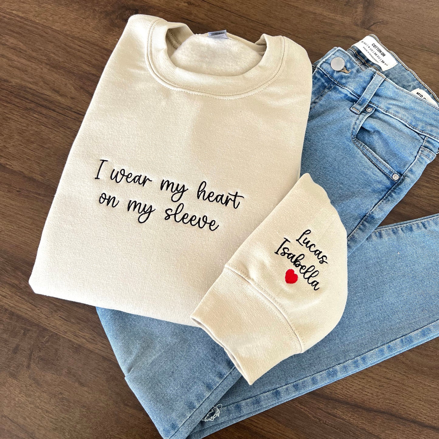 I Wear My Heart On My Sleeve - Embroidered Custom Mama Shirt With Kids Names