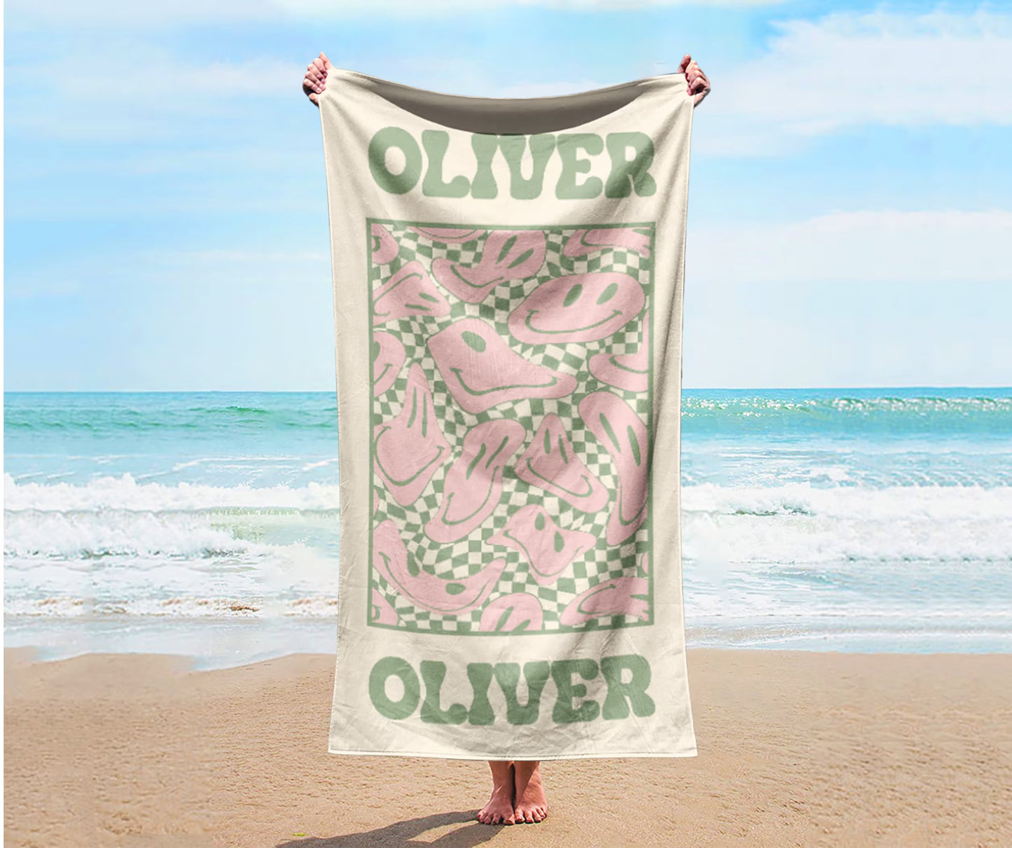 RETRO Multi Style Personalized Beach Towel, Name Bath Towel, Birthday Vacation Gift