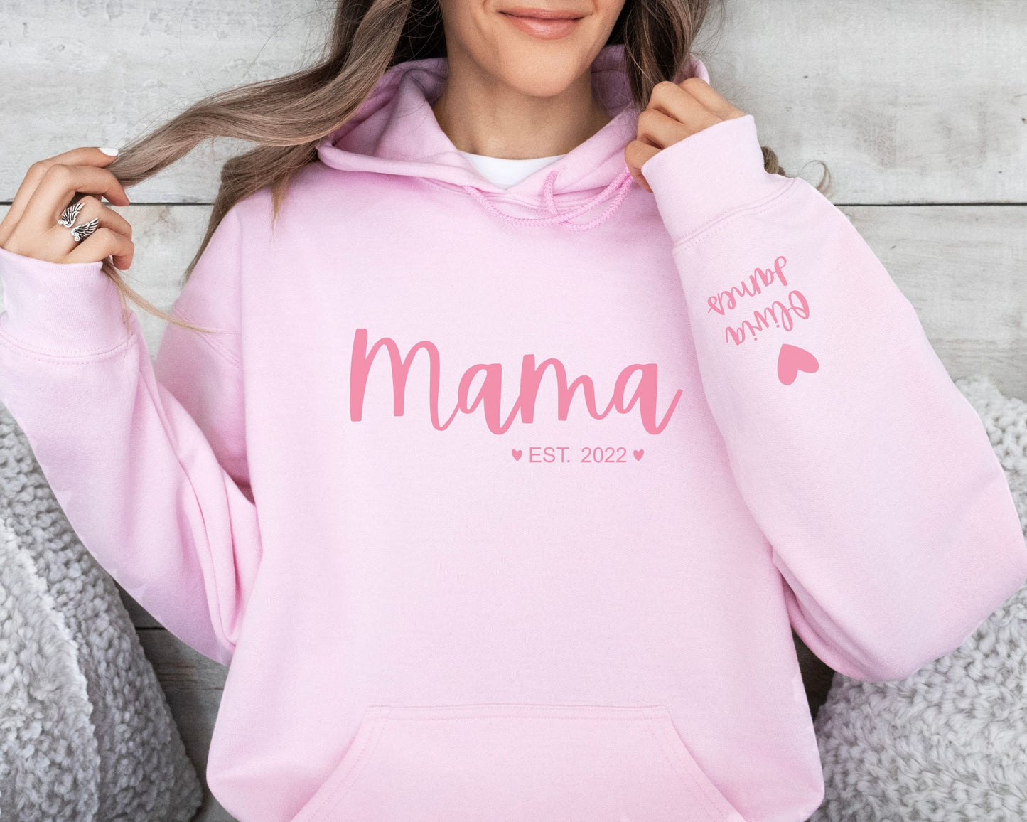 Custom Mama Hoodie with Kids Name on Sleeve