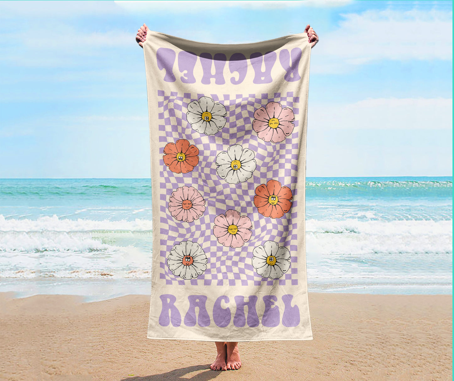 RETRO Multi Style Personalized Beach Towel, Name Bath Towel, Birthday Vacation Gift