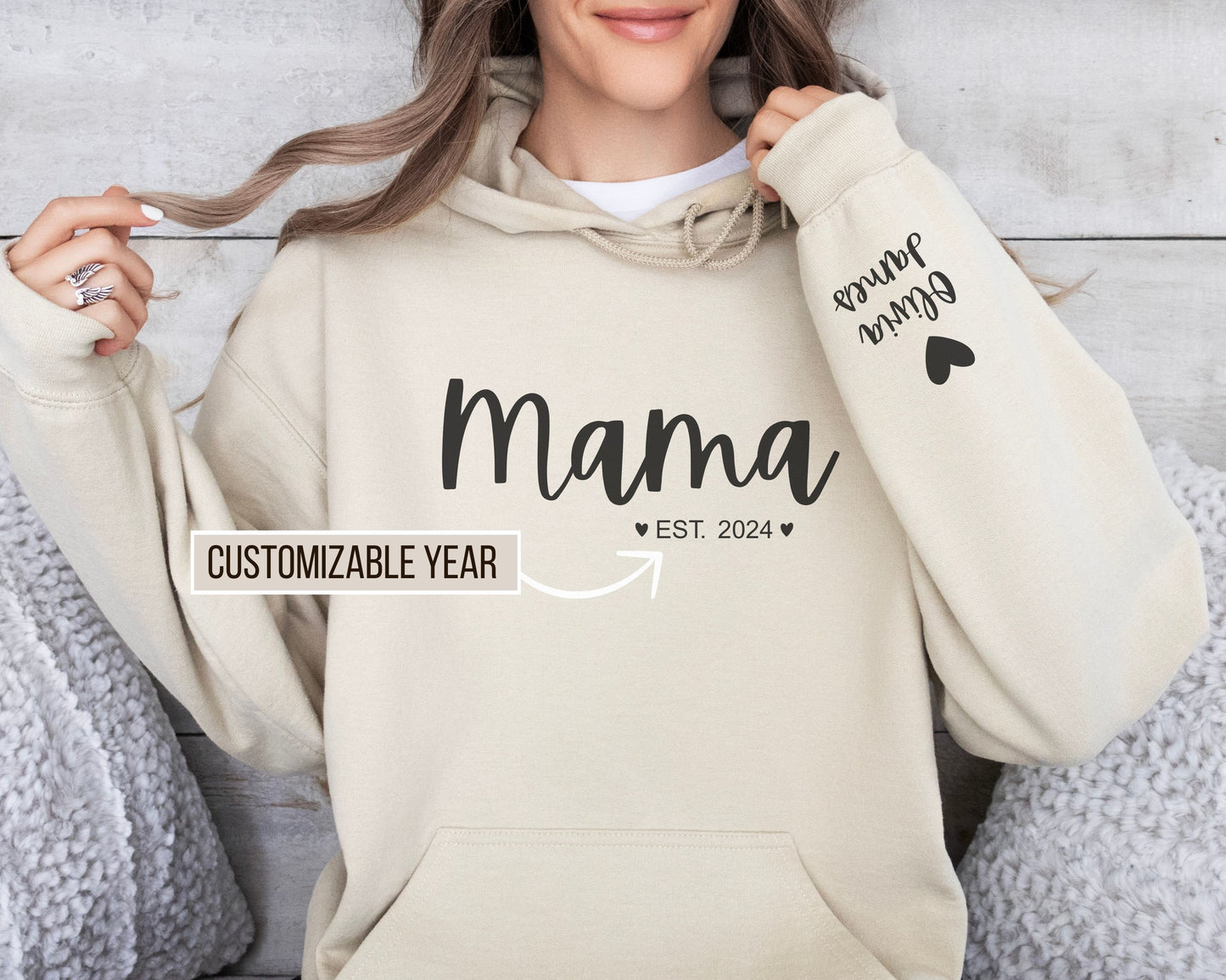 Custom Mama Hoodie with Kids Name on Sleeve