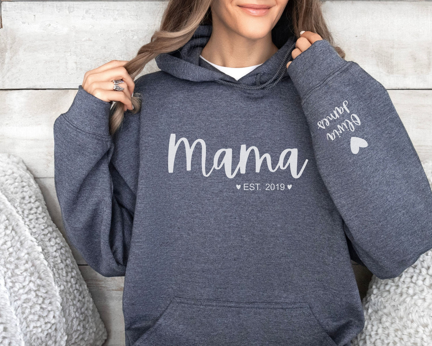 Custom Mama Hoodie with Kids Name on Sleeve