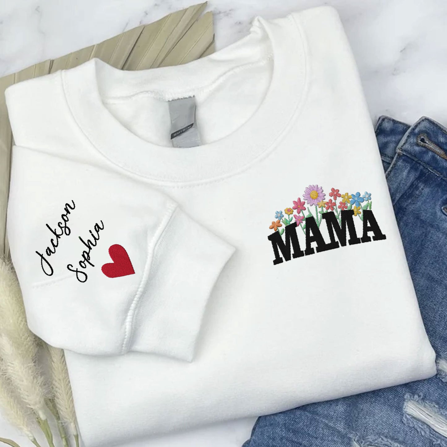 Custom Mama Floral Embroidered With Kids Name Sleeve