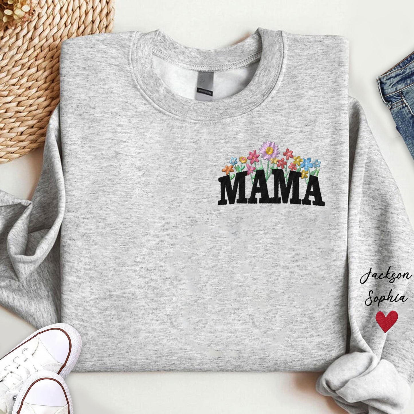 Custom Mama Floral Embroidered With Kids Name Sleeve