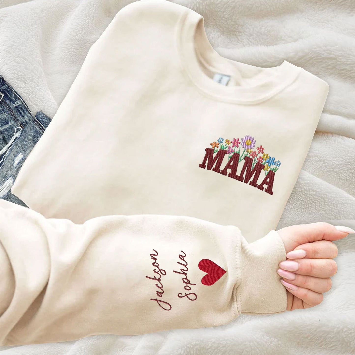 Custom Mama Floral Embroidered With Kids Name Sleeve