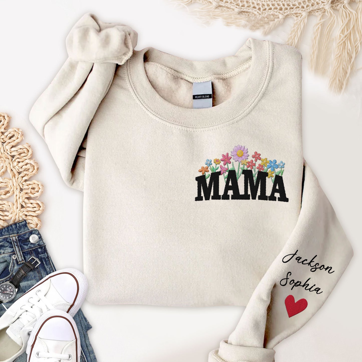 Custom Mama Floral Embroidered With Kids Name Sleeve