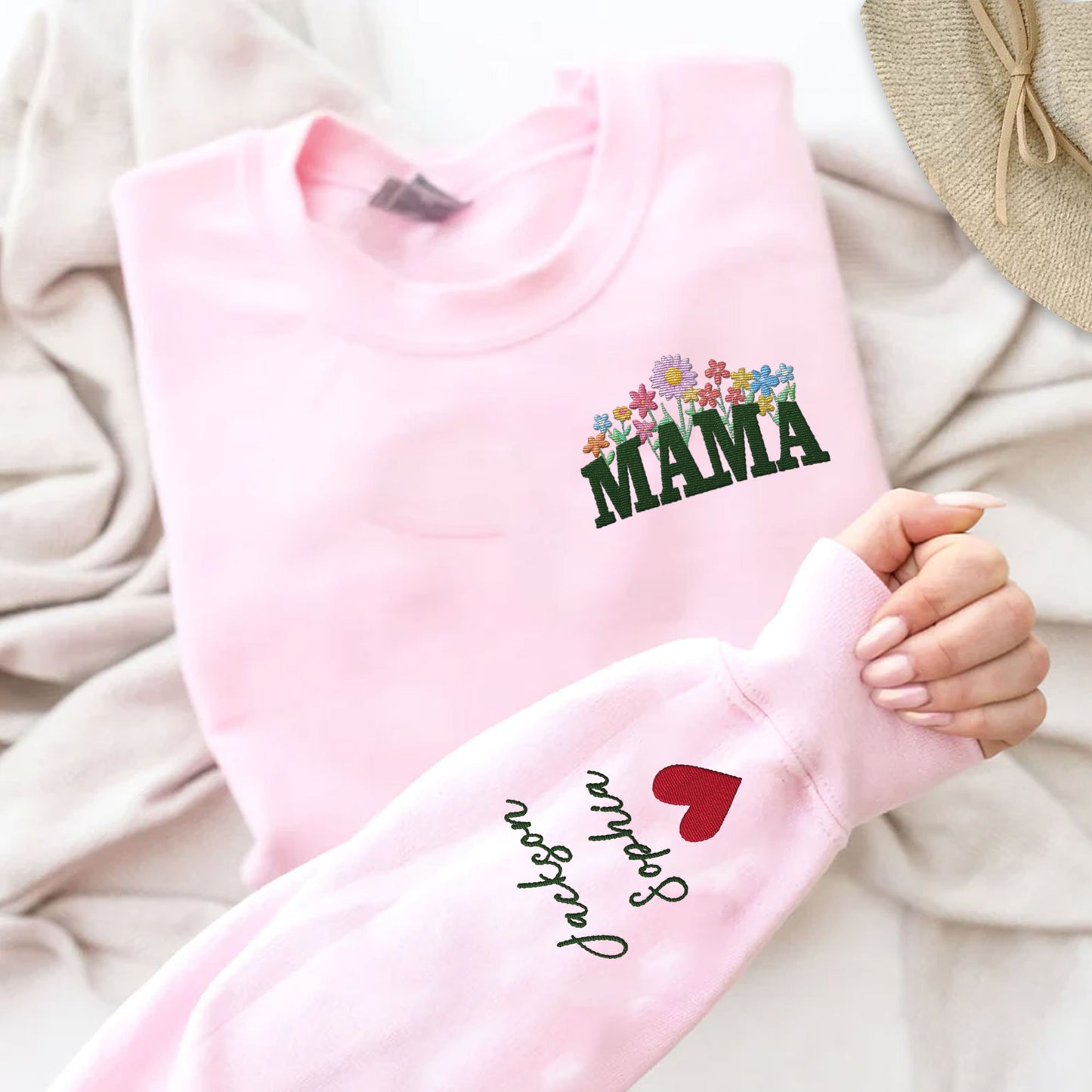 Custom Mama Floral Embroidered With Kids Name Sleeve