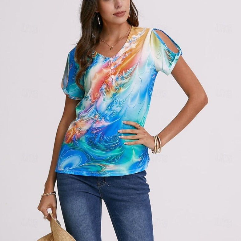 Women's T shirt Tee Henley Shirt Graphic Daily Weekend Button Cut Out Print Blue Short Sleeve Basic Neon & Bright V Neck